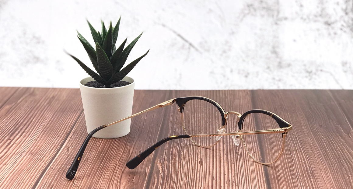 EJ-2102 金屬眉型框眼鏡，鏡腿後端以玳瑁紋腳套包覆，與鏡框設計相互呼應，具有整體性的美感