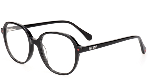 EJ-28038 板材波士頓框眼鏡，鏡框兩側與鏡腿筆尾互相呼應的雷射紅點裝飾，為整體視覺增添亮點