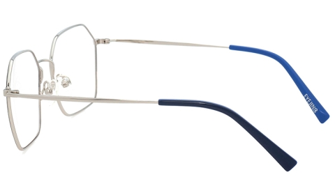 EJ-24009 金屬多邊形框眼鏡，鏡框表面為纖細的深色線條，內側及鏡腳則是充滿理性的金屬色，讓整體更有質感